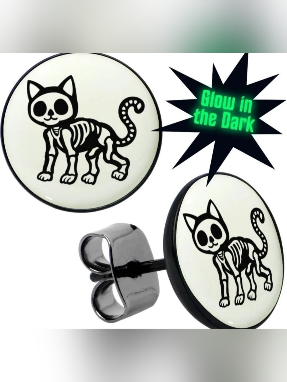 Black Anodized Skeleton Kitty Cat Glow in the Dark Stud Earrings by Onyx O.